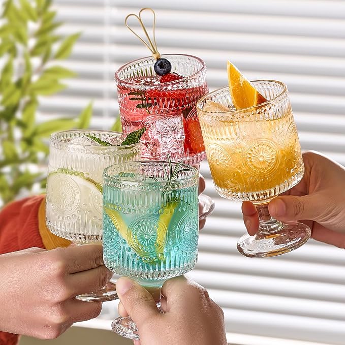 6 Packs Vintage Goblet Glasses, 8 oz Wine Glasses, Embossed Floral Glass Cups Set, Clear Drink Glasses, Drinking Goblets, Bar Tumbler Glassware for Iced Tea, Wine, Beer, Juice, Cocktail, Whiskey - Image 4