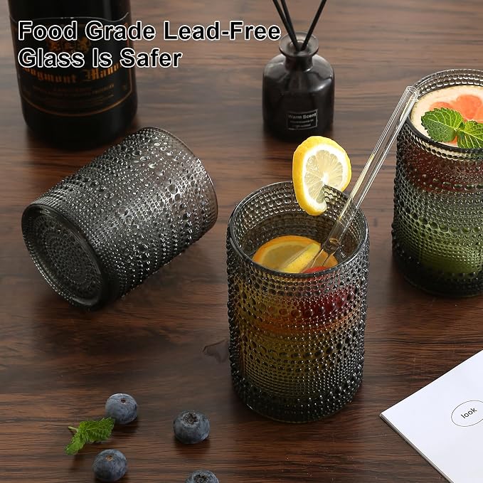 ZMOWIPDL Drinking Glasses Set of 12,Grey 12oz & 15oz Hobnail Glass Cups | Vintage Glassware，Embossed Water Tumbler,for Beer,Cocktail,Whiskey,Juice and Various Mixed Drinks- 1 Cleaning Brush - Image 4
