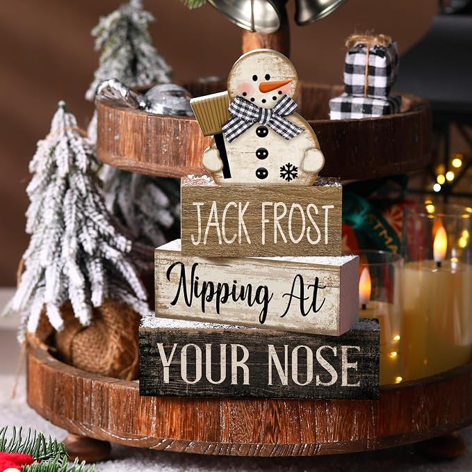 Moucuny 4 Pcs Christmas Table Decor Wooden Snowman Black and White Winter Tiered Tray Decor Rustic Decorative Snowman Block Sign Gifts Christmas Centerpiece Rustic Winter Decorations for Home Kitchen - Image 3