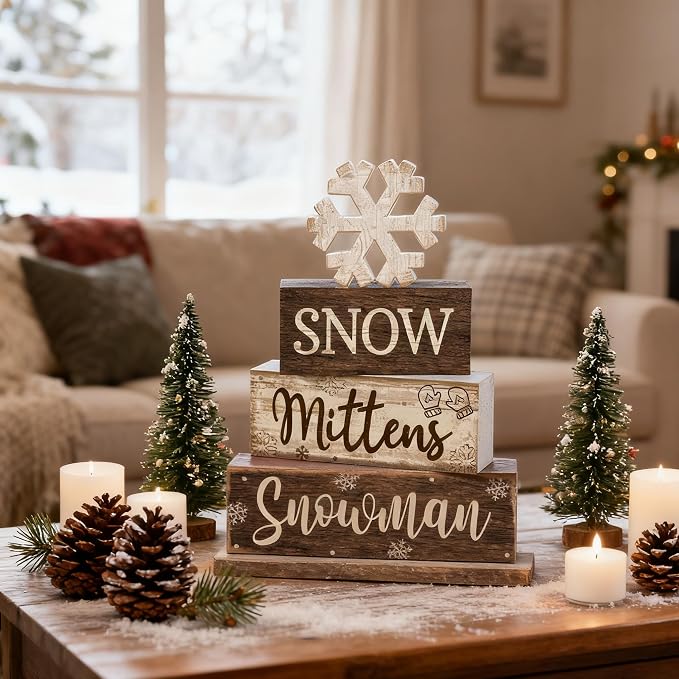 Moucuny 4 Pcs Winter Table Decorations Wooden Snowflake Decor Christmas Tiered Tray Decor Rustic Decorative Snowflake Block Sign Gift Winter Table Centerpiece for Wonderland Party Home Kitchen - Image 5