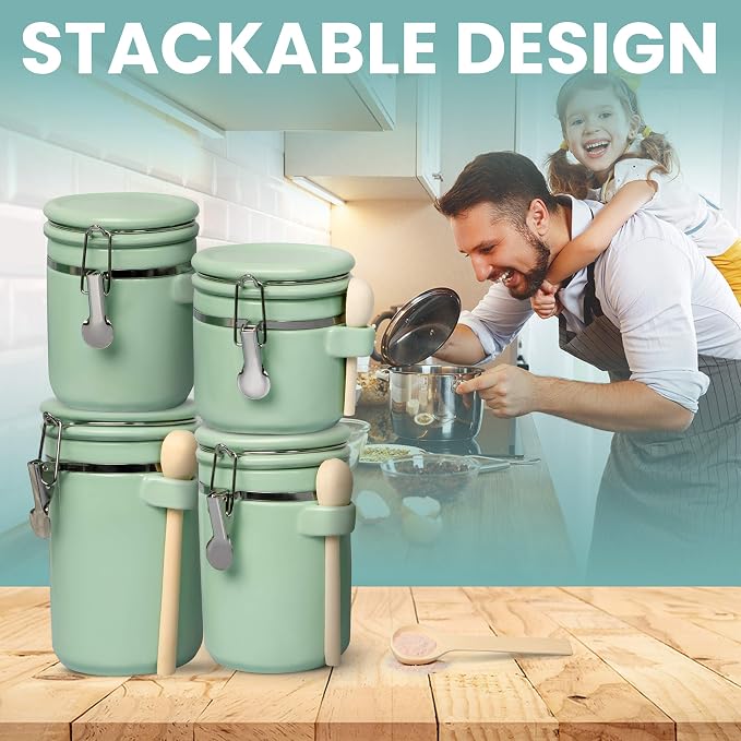 Home Intuition 4-Piece Ceramic Kitchen Canisters Set, Airtight Containers with Wooden Spoons Reusable Chalk Labels and Marker for Sugar, Coffee, Flour, Tea (Mint) - Image 7