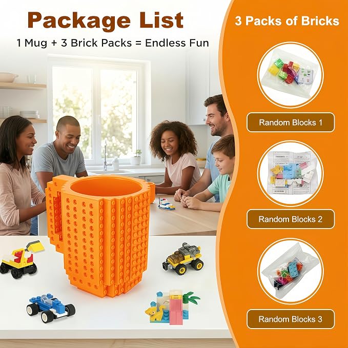 Lumsburry Build-on Brick Coffee Mug, Funny DIY Unique Novelty Drinking Cup | Building Blocks Creative Mug, for Men Women Kids Dad Mom, Present Exchange Ideas, Xmas Birthday White Elephant(Orange) - Image 4