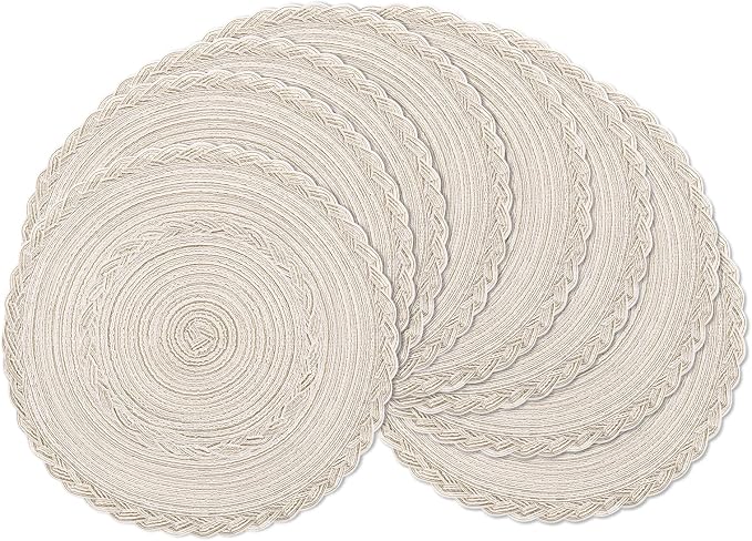 SHACOS Boho Round Placemats Set of 8 Braided Border Round Place Mats 15 inch Washable Dining Table Mats for Home Wedding Holiday Party (Ivory Bordered, 8) by SHACOS