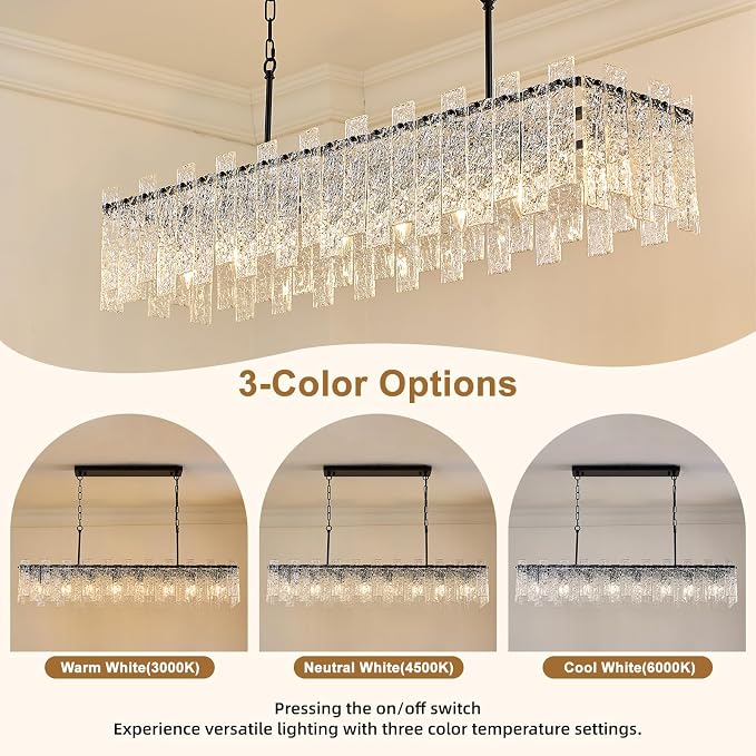 Modern Rectangular Crystal Chandelier, L47 inch Black Rectangle Water Ripple Glass Chandeliers Lighting, 8 Lights Linear Pendant Light Fixture for Kitchen Island, Living Room, Adjustable Hight - Image 6