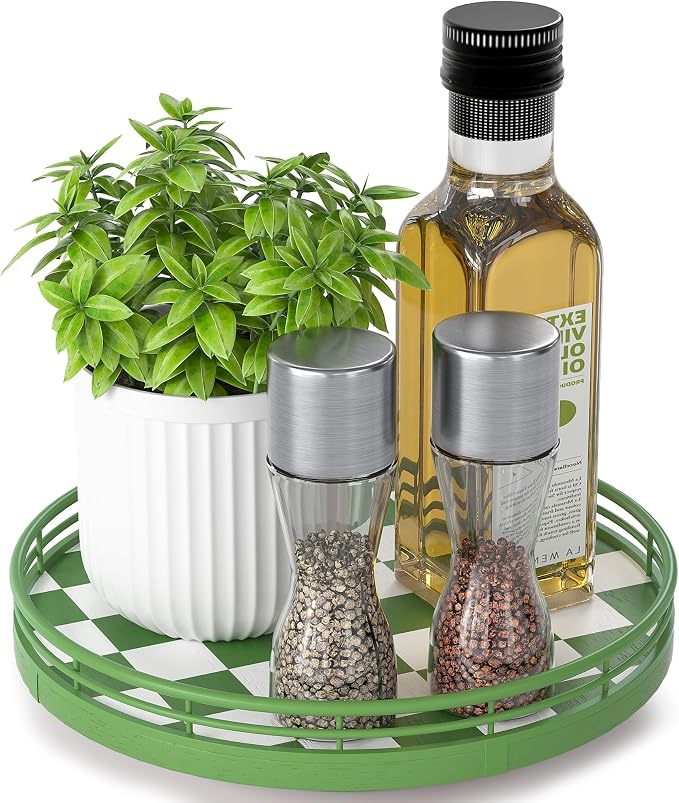 Green and White Checkerboard Lazy Susan with Rubberwood Base and Metal Rail | Smooth rotating oak tray with walnut finish for dining tables, kitchen counters, pantries and cabinet storage. by AMH
