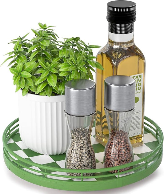 Green and White Checkerboard Lazy Susan with Rubberwood Base and Metal Rail | Smooth rotating oak tray with walnut finish for dining tables, kitchen counters, pantries and cabinet storage. by AMH
