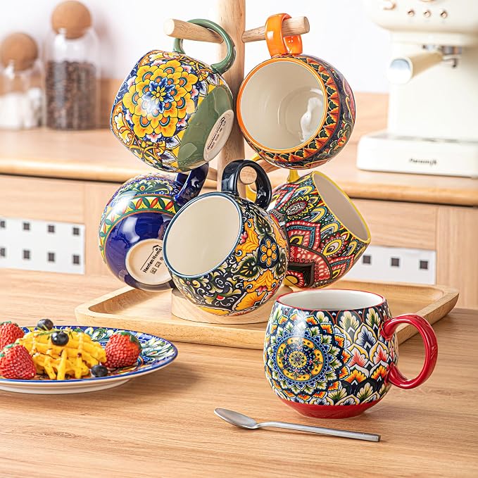 Henten Home Ceramic Coffee Mug Set of 6, 20 oz Colorful Coffee Cup with Handle, Boho Porcelian Mug for Cappuccino, Latte, Tea, Hot Chocolate, Cocoa, Microwave & Dishwasher Safe - Image 7