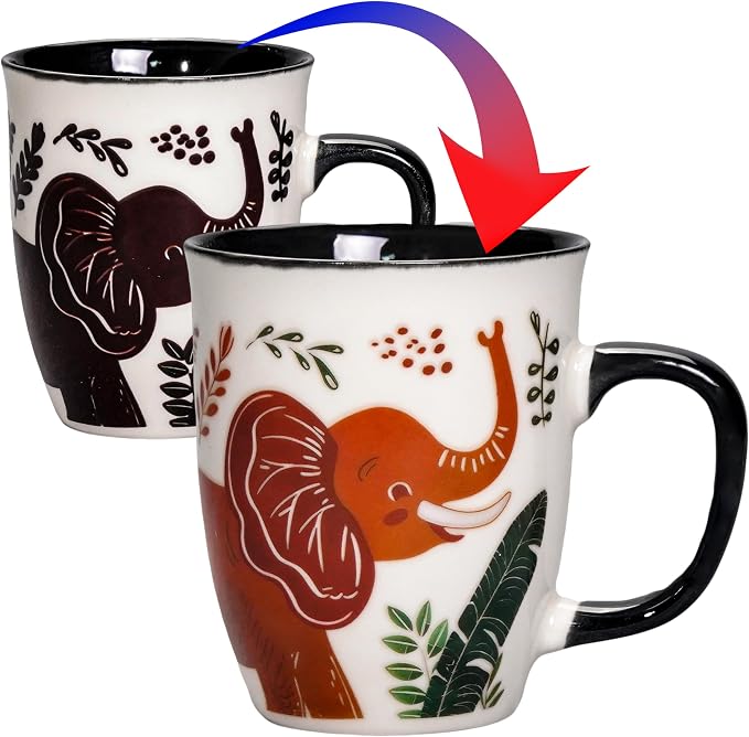 Elephant Mug - 16oz Safari Animal Heat Reveal Cup, Ceramic Tea Mugs for Home & Office, Unique Elephant Gifts for Women Men by Asmwo