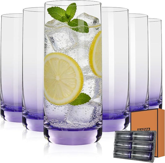 Purple Highball Glasses Set of 6, 13oz Drinking Glass Cups for Mixed Drink Cocktail, Beer, Mojito, Water and Juice,Thick Tall Crystal Glassware for Kitchen, Restaurant, Home Bar and Parties by GLAZVIAElegantGlass