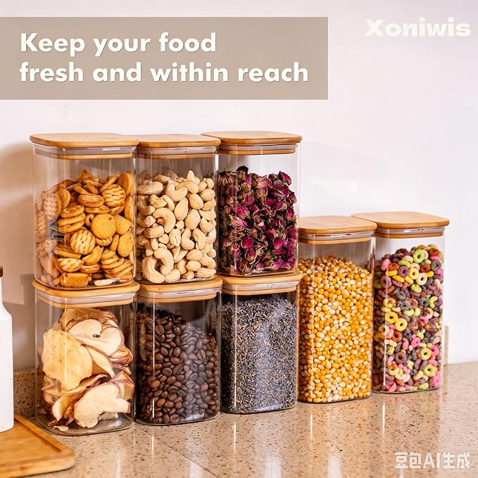 3-Pack 1.6Qt Square Glass Storage Jars with Bamboo Lids | Minimalist Kitchen Organizer,Pantry Storage Container,Food Storage Container,Scandinavian Style Storage,Nordic Style Storage - Image 7
