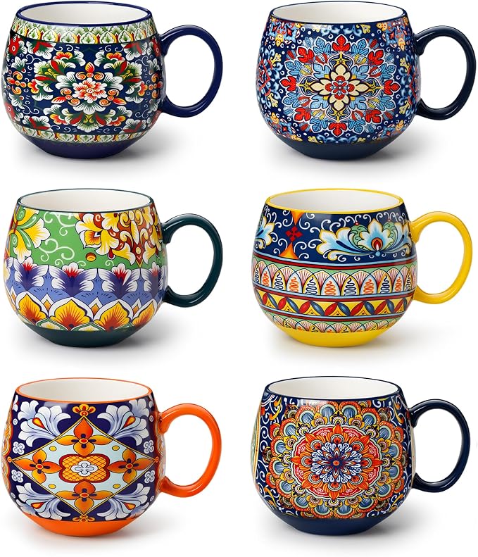 vancasso Coffee Mugs Set of 6, 18oz Ceramic Coffee Cups, Colorful | Porcelain Coffee Mugs for Cappuccino, Latte, Espresso, Bohemian Mugs with Handle for Daily Use, Microwave & Dishwasher Safe by vancasso