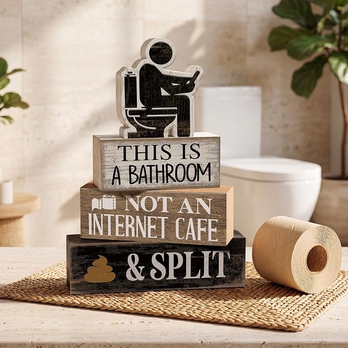 Moucuny 4 Pcs Funny Toilet Decor Sign Farmhouse Bathroom Shelf Decor and Accessories Vintage Sarcastic This Is a Bathroom Not an Internet Cafe Block Signs Gift for Home Guest Washroom Toilet - Image 2