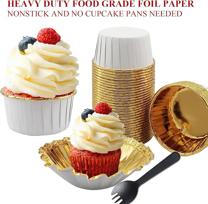 LNYZQUS 5.5 Oz Foil Cupcake Tins Baking Cups, Disposable Ramekins Muffin Tins, Large Cupcake Cups with Spoons-White in Gold - Image 5
