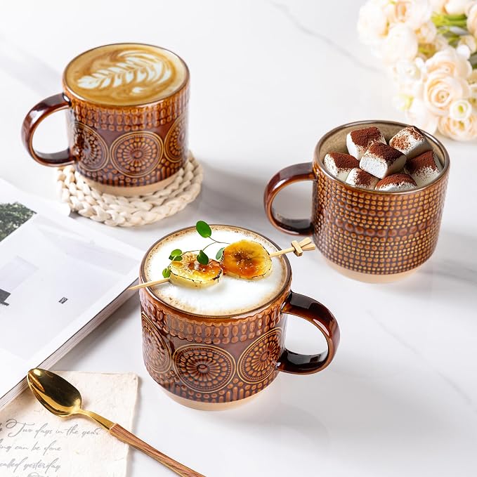 GBhome 16OZ Stackable Coffee Mugs, Ceramic Coffee Mugs with Texture Patterns for Man,Woman,Dad,Mom, Modern Coffee Mugs Set of 4 for Latte/Cappuccino/Cocoa. Dishwasher&Microwave Safe - Image 5