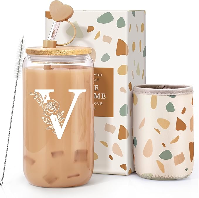 Personalized Gifts for Women, Monogrammed Gifts for Women, Initial 16 oz Glass Cups With Lids and Straws, Customized Mug, Personalized Birthday Gifts Christmas Gifts for Her Mom Friend Woman, V