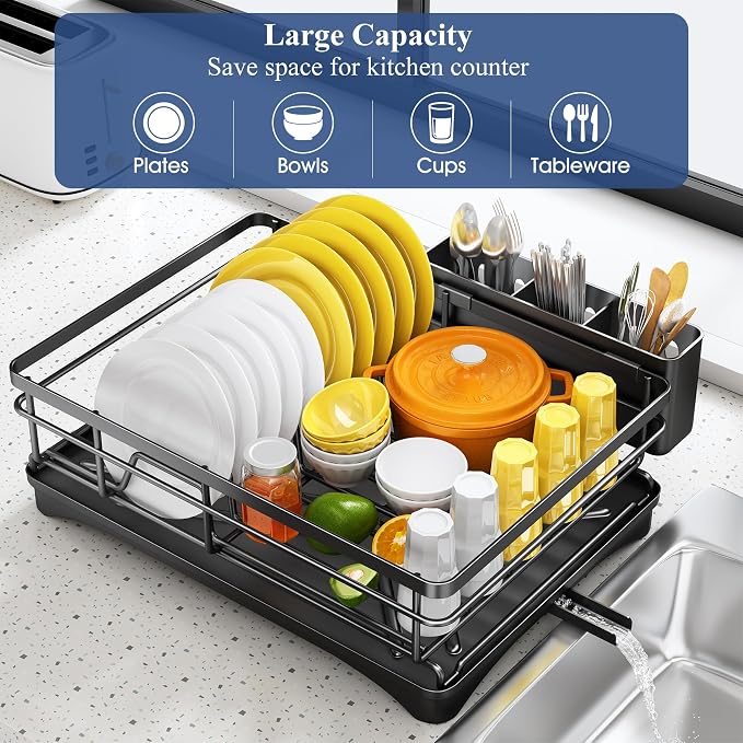 SNTD Dish Drying Rack for Kitchen Counter, 11.8" W x 16.7" L, Black | Rustproof Stainless Steel, Large Capacity, Self-Draining Drainboard, Rotating Spout, Removable Utensil Holder - Image 2