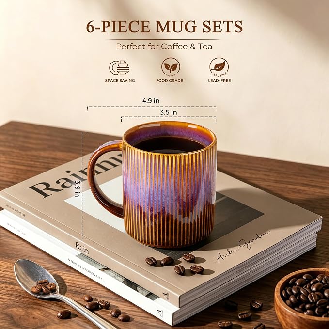 theterra Ceramic Coffee Mugs Set of 6, 14.2 oz Coffee Cups with Handle | Handmade, Suitable for Latte, Tea, Milk, Beer & Hot Cocoa, Amber Amethyst - Image 3