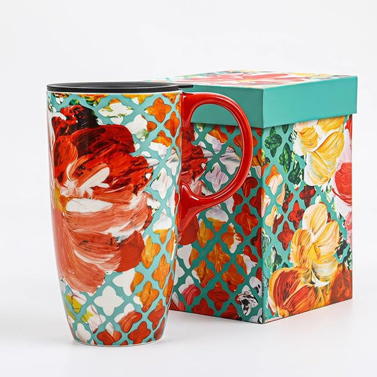 Topadorn 17oz Ceramic Travel Mug with Lid, Colorful Floral Coffee Mug | Artistic Ceramic Travel Cup, Microwave & Dishwasher Safe, Gift Box Included by Topadorn