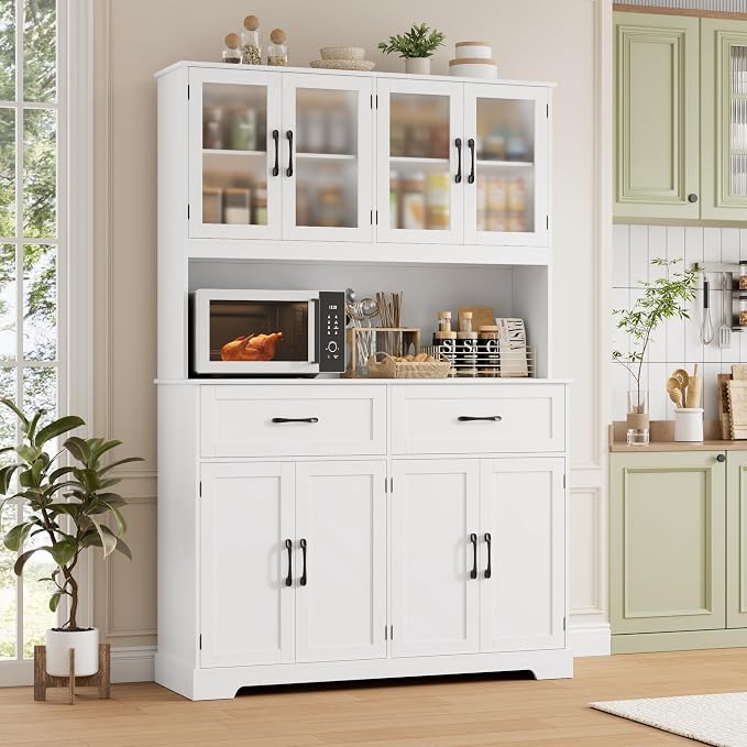 BOTLOG 71" Large Pantry Storage Cabinet with Microwave Stand | Tall Hutch Cabinet with Glass Doors 8 Storage Compartments for Dining Room, Modern White - Image 5