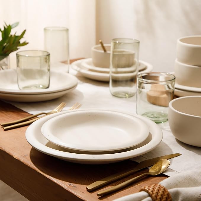 Bloomhouse - Two Time Oprah's Favorite Things Winner - Corsica Clay 12 Piece Stoneware Rustic Reactive Glaze Dinnerware Set - Stackable Plates and Bowls Set. Service for 4 - Matte Sea Salt White - Image 2