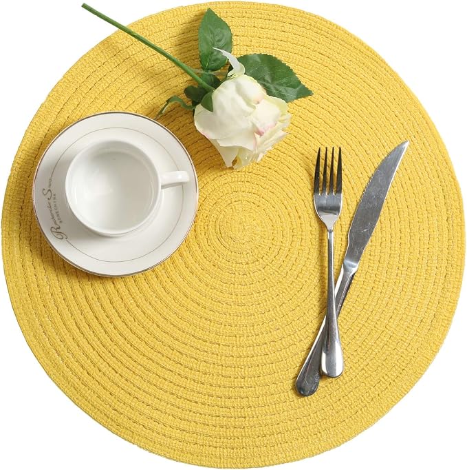 SHACOS Round Braided Placemats Set of 8 Washable Table Mats 15 inch Round Placemat Cotton Polyester Circle Placemat for Dining Table (Yellow, 8) - Image 6
