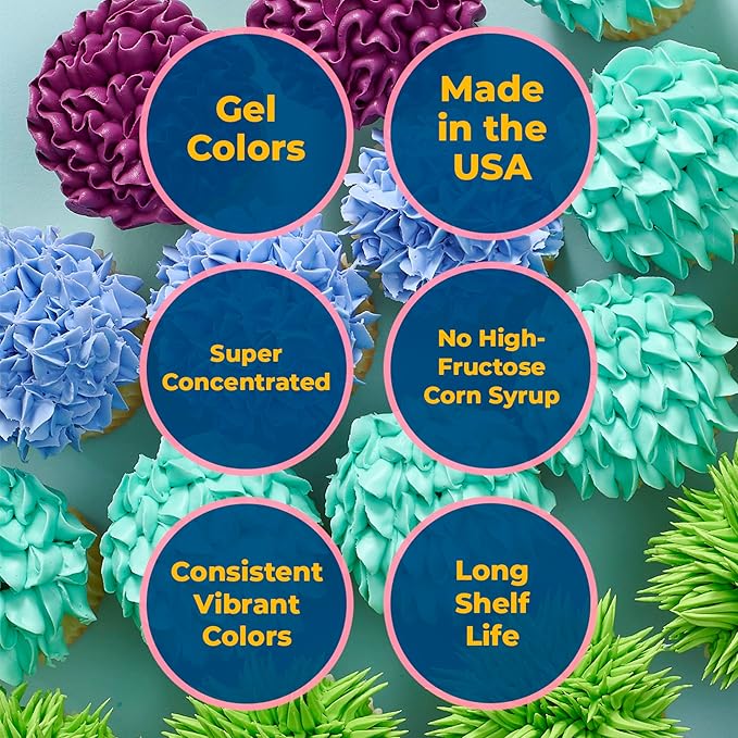 Bakery Crafts Premium Gel Food Color 6 Bottle Assortment, 4.2 Fl Oz, Edible Coloring For Use with Cake Mix, Buttercream, Whipped Icing, Fondant & Piping Gel, Highly Concentrated, Red, Pink, Yellow, Green, Blue, Black - 6 x 0.7FL