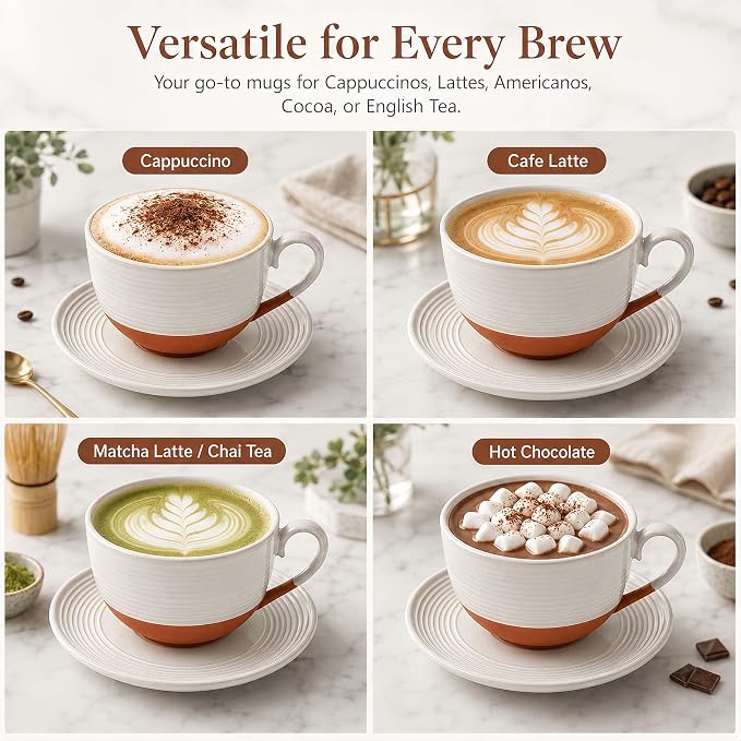 12 Oz Cappuccino Cups with Saucers, Coffee Cups Set of 4, Ceramic Tea Cup and Saucers, Wide Mouth Coffee Mugs for Latte Art, Cappuccino, Espresso & Cafe Drinks, Microwave Dishwasher Safe - Image 7