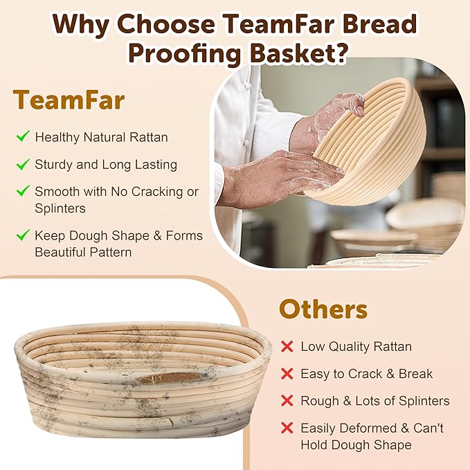 TeamFar Sourdough Bread Baking Supplies, 9” Round & 10” Oval Bread Proofing Basket Set with Liner, Sourdough Starter Kit for Bread Making, Bread Lame/Whisk/Dough Scraper/Basting Brush