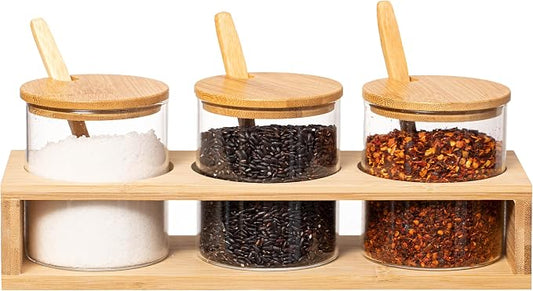 Basicwise 3-Piece Glass Containers with Bamboo Lids and Tray Holder – Decorative Storage for Condiment Pots and Spice Jars - Coffee Station Accessories, Perfect Organizer for Home Kitchen or Café by Basicwise