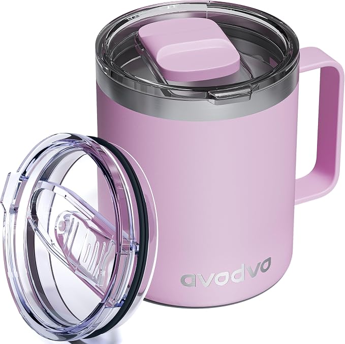12oz Insulated Coffee Mug with Lid – Includes Two Lids, Stainless Steel Coffee Travel Mug with Handle, Double Wall Vacuum Insulated Camping Mug for Home, Office & Outdoor, Pink by avodvo