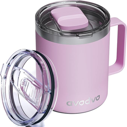 12oz Insulated Coffee Mug with Lid – Includes Two Lids, Stainless Steel Coffee Travel Mug with Handle, Double Wall Vacuum Insulated Camping Mug for Home, Office & Outdoor, Pink by avodvo