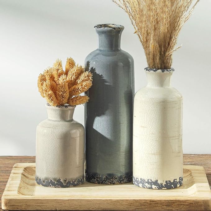 Ceramic Vase Set of 3, Neutral Flower Vases Home Decor, Pottery Rustic Farmhouse Decorative Vases Modern Decor for Table Mantel Entryway Bookshelf Living Room Kitchen Bedroom - Ocean by ooit