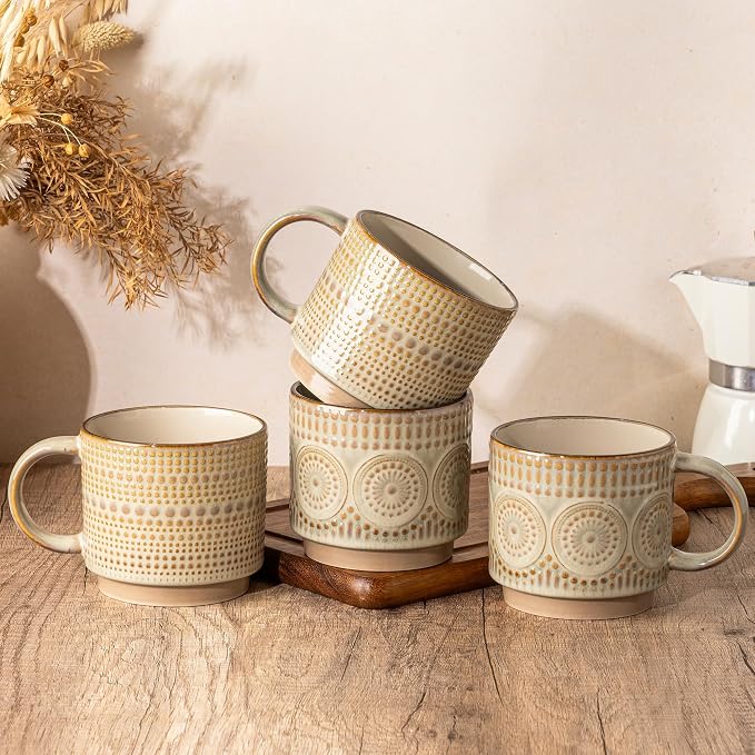 GBhome 16OZ Stackable Coffee Mugs, Ceramic Coffee Mugs with Texture Patterns for Man,Woman,Dad,Mom, Modern Coffee Mugs Set of 4 for Latte/Cappuccino/Cocoa. Dishwasher&Microwave Safe by GBhome