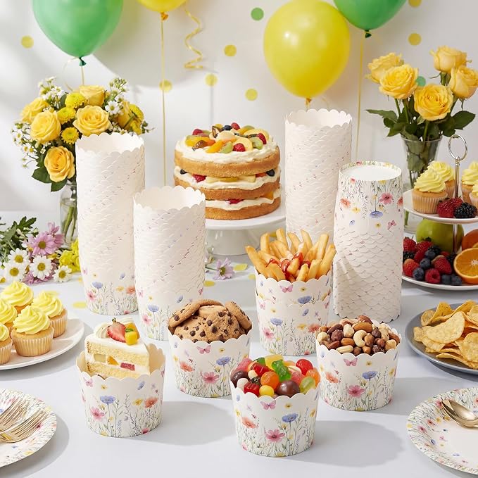 Qinyoung 150 Pcs Wildflower Cupcake Wrappers Liners Floral Paper Baking Cups Greaseproof Disposable Scalloped Flower Cupcake Muffin Cases for Spring Summer Wedding Baby Shower Birthday Tea Party Decor - Image 6