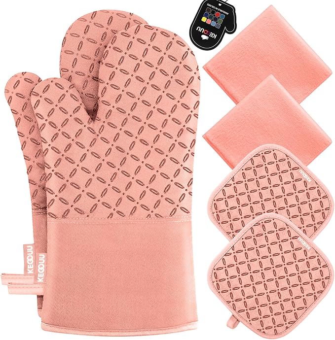 KEGOUU Oven Mitts and Pot Holders 6pcs Set, Kitchen Oven Glove High Heat Resistant 500 Degree Extra Long Oven Mitts and Potholder with Non-Slip Silicone Surface for Cooking (Pink) by KEGOUUOvenMitt
