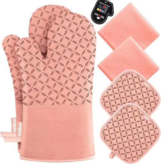 KEGOUU Oven Mitts and Pot Holders 6pcs Set, Kitchen Oven Glove High Heat Resistant 500 Degree Extra Long Oven Mitts and Potholder with Non-Slip Silicone Surface for Cooking (Pink) by KEGOUUOvenMitt