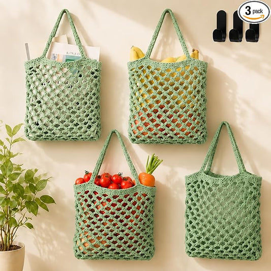 Honeydak Boho Decor Hanging Wall Baskets for Kitchen 3 Pack Teardrop Baskets with Hooks Storage Fruit Onion Vegetable Potato for Home(Sage Green,Mesh,Cotton Rope) by Honeydak