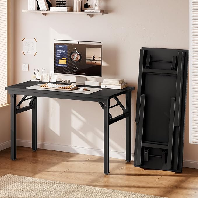 DlandHome 35.8 Inch Small Folding Computer Desk for Home Office, Black | Foldable Writing Table for Small Spaces Bedroom, No Assembly Required, Wood Top Metal Frame, Collapsible Compact Easy Storage - Image 5