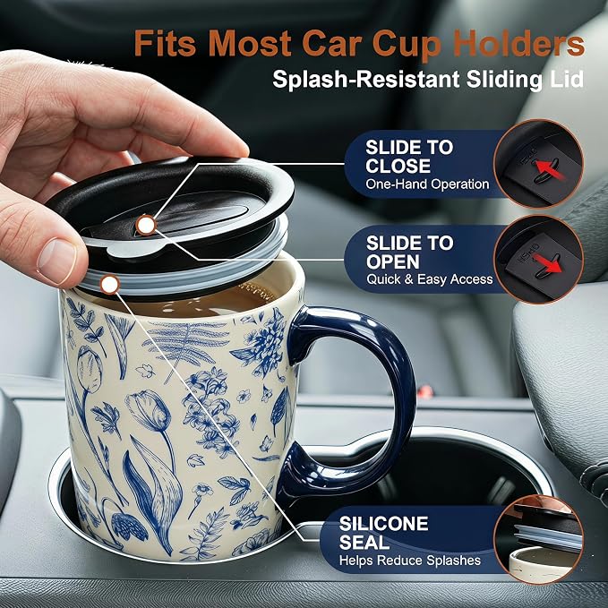 Topadorn 17oz Ceramic Travel Mug with Lid, Toile de Jouy | Floral Coffee Mug with Handle, Blue White Botanical Latte Cup, Microwave & Dishwasher Safe - Image 4