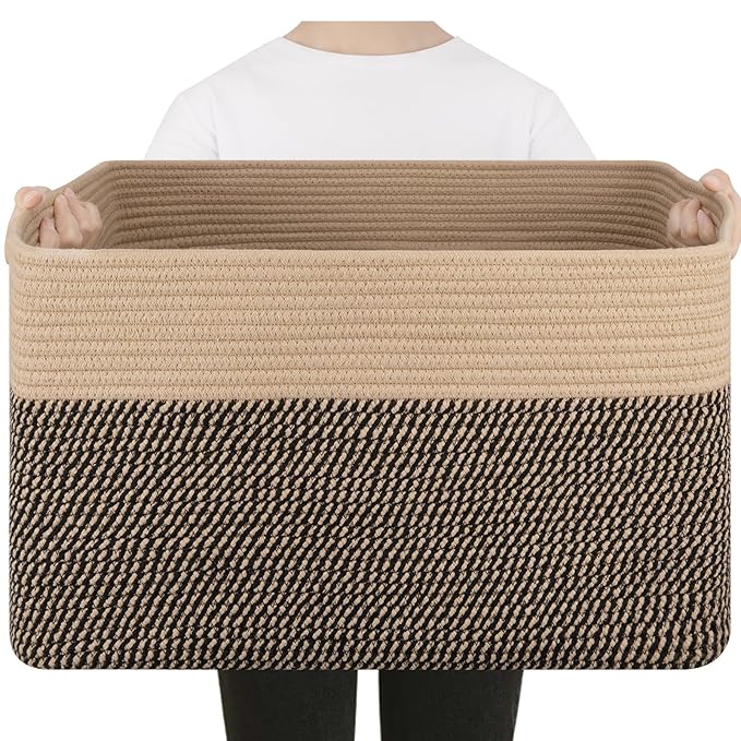 75L Large Blanket Basket, Toy Basket Bin for Kids, Cotton Rope Woven Storage Basket for Living Room, Bedroom, Nursery, Baby Room Decorative Organizer, 22''×17''×12'', Brown & Black