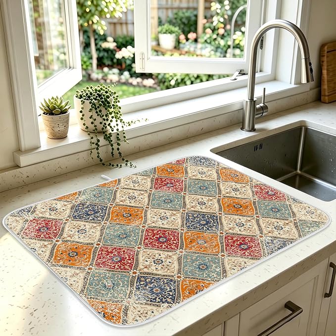 Bohemian Vintage Dish Drying Mat for Kitchen Counter Coffee Bar 18x24 in | Decorative Non Slip Absorbent Kitchen Dishes Drainer Mat, with Anti-slip Rubber Backing & Hanging Loop, for Sink, Home Gift by HiWelcometoMCIAONE