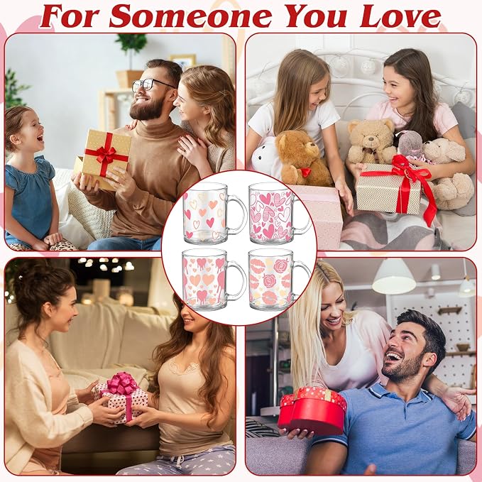 Tioncy 4 Pcs Valentines Heart Coffee Mugs 12 oz Heart Glass Cups with Handle Valentine's Day Pink Coffee Cup Sweet Love Gifts Drinking Mugs for Romantic Holiday Party - Image 5