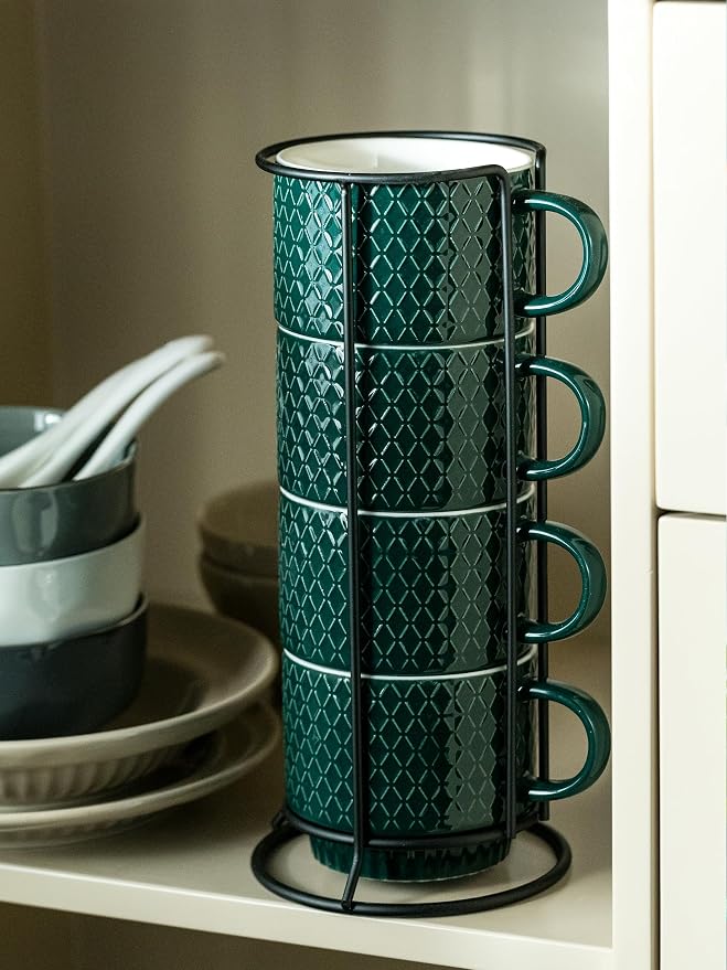 LYEOBOH Coffee Mug Set Porcelain Stackable Coffee Mugs with Stand and Spoons, 13 OZ. Cappuccino Cup Demitasse Cups for Drinks, Espresso, Latte,Set of 4, Dark Green - Image 9