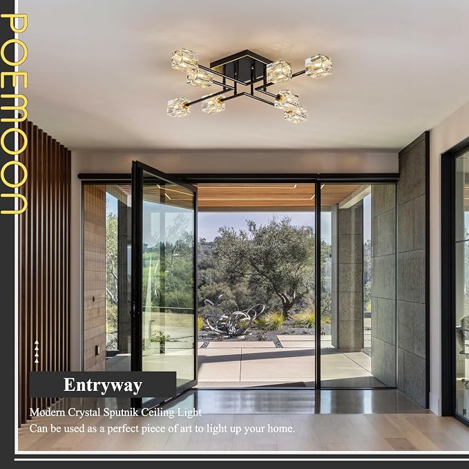 Modern Black Gold Sputnik Chandeliers 8-Light Crystal Semi Flush Mount Ceiling Light Industrial L 31.5" Chandelier Lighting for Living Room Dining Room Foyer Entryway Kitchen Bedroom - Image 2