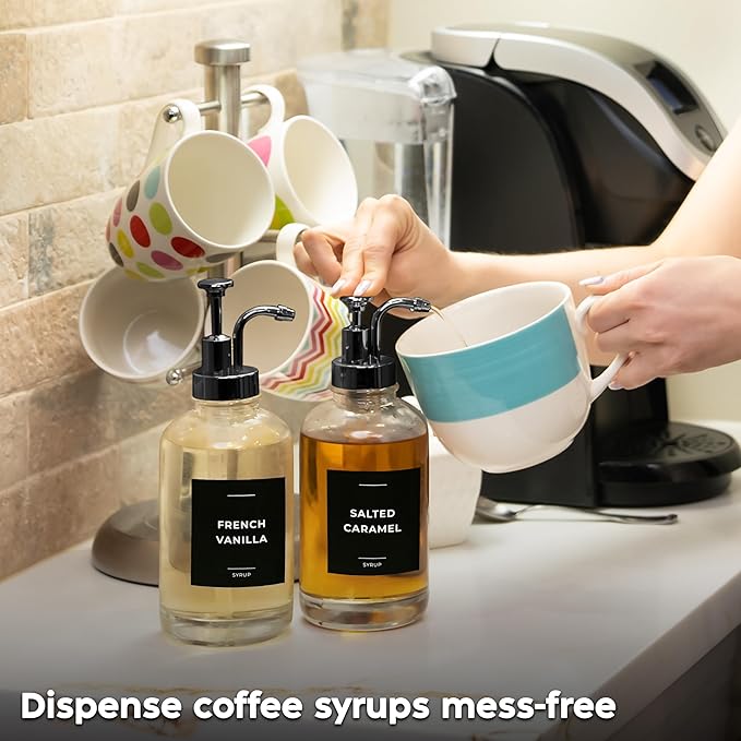 Coffee Syrup Dispenser with Pump - Includes 24 Flavor Labels - Glass Syrup Dispenser for Coffee Bar - Elevate your Beverage Station with 16.9 fl oz Flavoring Container Bottles, 4pcs, Black