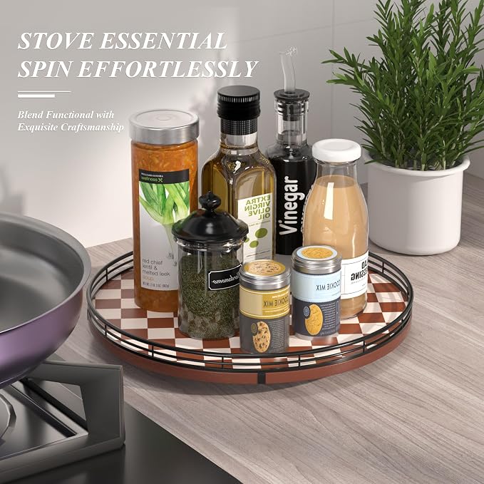 AMH 13-Inch Brown White Checkerboard Lazy Susan with Black Metal Rail | Smooth rotating oak tray with walnut finish for dining tables, kitchen counters, pantries and cabinet storage. - Image 2