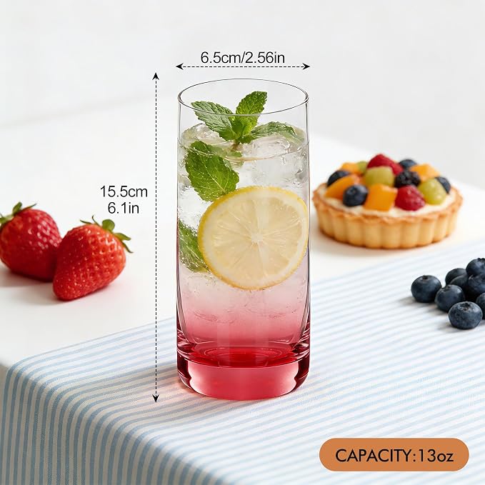 Red Highball Glasses Set of 6,13oz Red Drinking Glass Cups for Mixed Drink Cocktail, Beer, Mojito, Water and Juice,Thick Tall Crystal Glassware for Kitchen, Restaurant, Home Bar and Parties - Image 2
