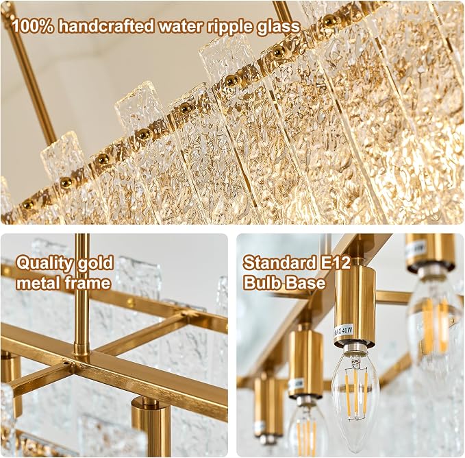 L39 inch Gold Rectangle Crystal Chandelier, Modern Rectangular Water Ripple Glass Dining Room Chandeliers Light Fixture, 6-Lights Hanging Pendant Light for Kitchen Island, Living Room - Image 4