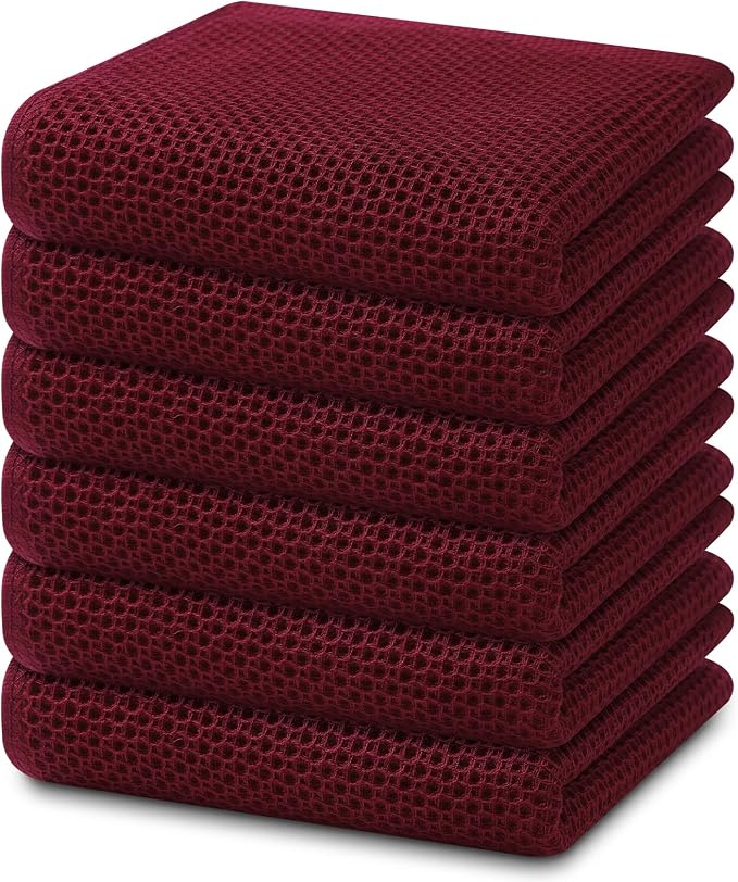 Homaxy 100% Cotton Waffle Weave Kitchen Dish Towels 6-Pack, Burgundy | 13 x 28 Inches, Ultra Soft Absorbent Dish Towels, Quick Drying Cleaning Towels by Homaxy
