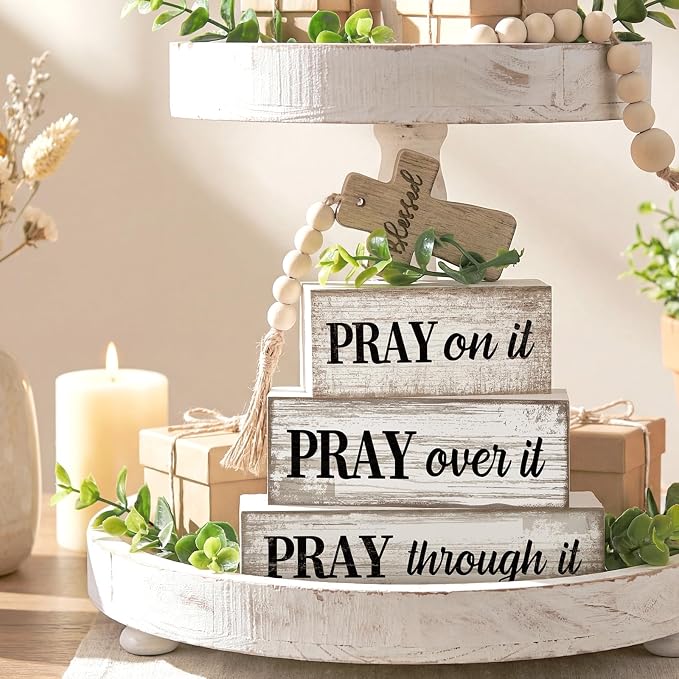 Moucuny 4 Pcs Christian Table Decor Wooden Cross Wooden Bible Verse Sign Inspirational Religious Christian Centerpiece Pray Block Signs Farmhouse Table Decoration for Mother's Day - Image 2